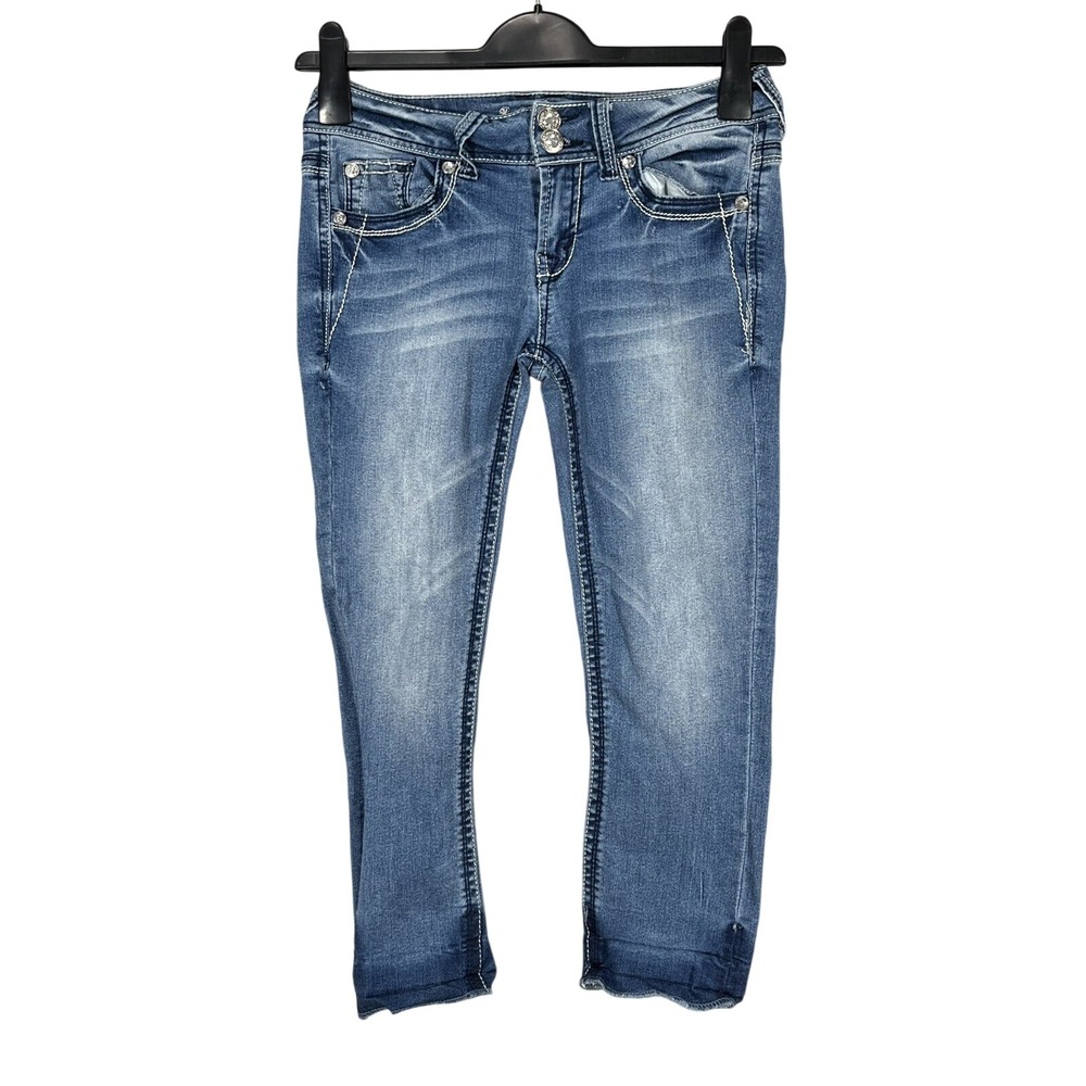 Y2K WALLFLOWER Blue Stretch Denim CRYSTAL/LACE POCKETS Cropped SKINNY JEANS 5